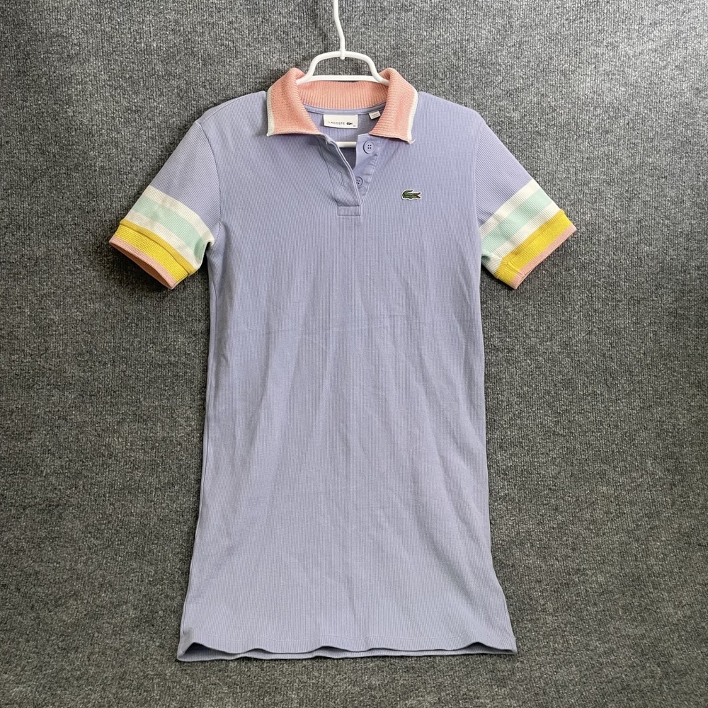 Lacoste Pastel Polo Dress Womens Sz 34 Purple Ribbed Striped Sleeve Tennis
